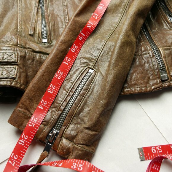 100% Leather Brown Moto Jacket Lined Two Zippered Pockets Adjustable Side Stra - Picture 4 of 7